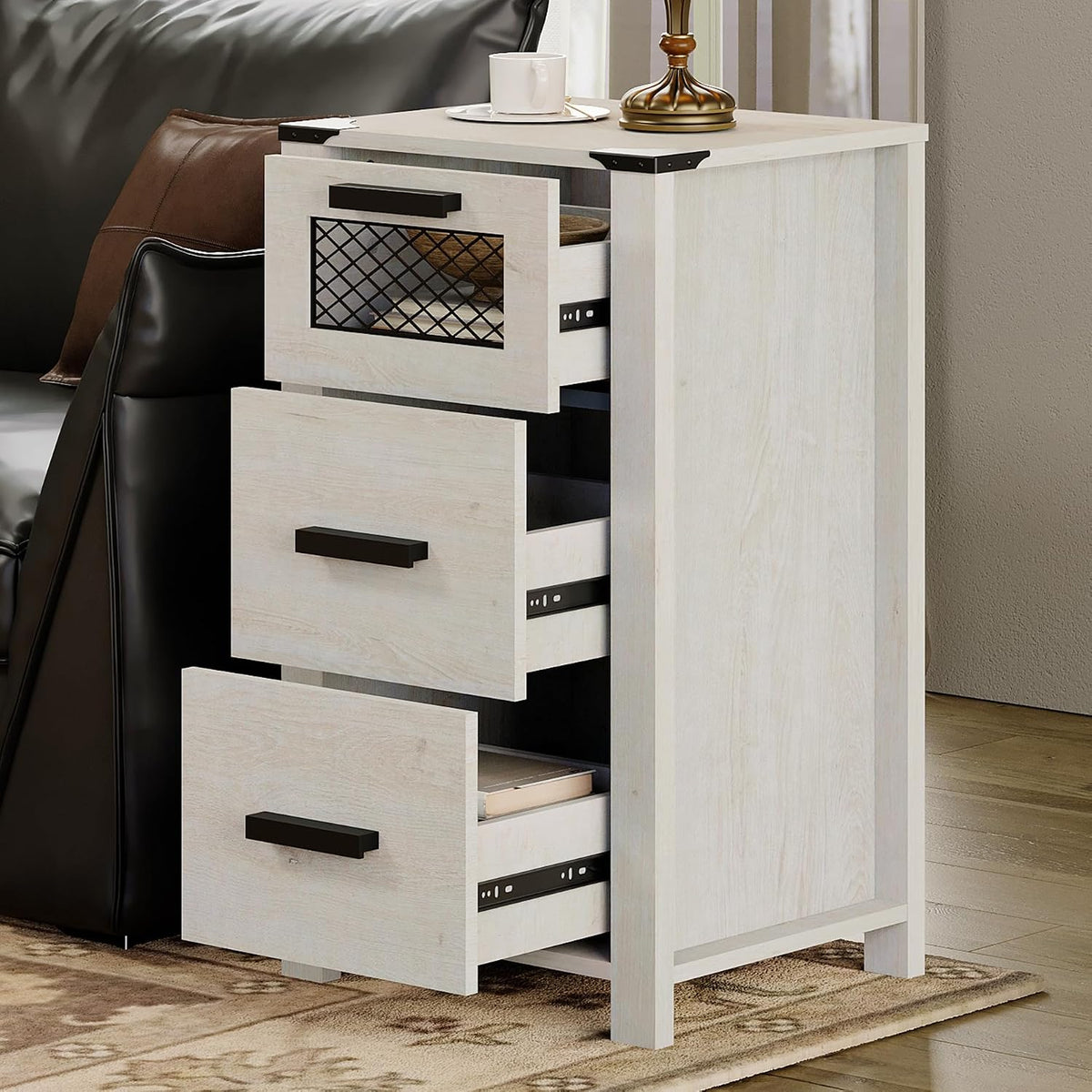 Nightstand Set of 2 with 3 Drawers , Side Tables for Bedroom, White