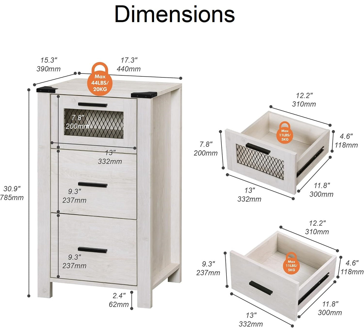 Nightstand Set of 2 with 3 Drawers , Side Tables for Bedroom, White