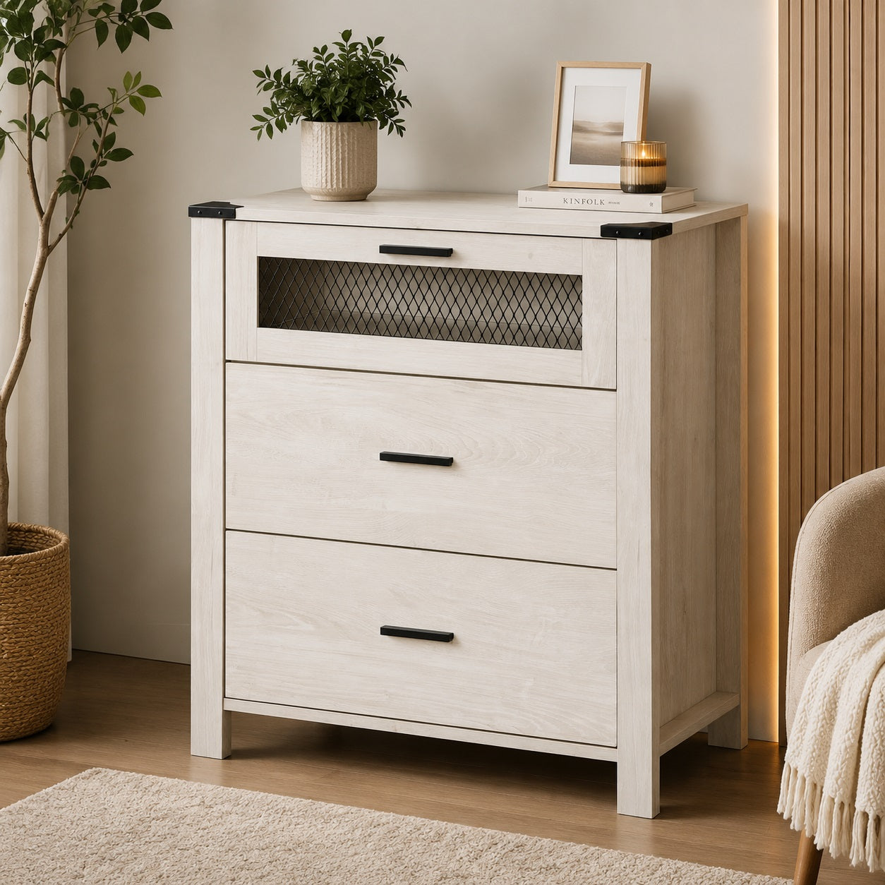 Dresser with 3-Drawer Accent Chests with Mesh Tower for Living Room, Hallway, Entryway, Antique White