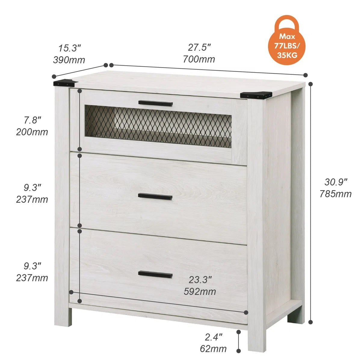 Dresser with 3-Drawer Accent Chests with Mesh Tower for Living Room, Hallway, Entryway, Antique White