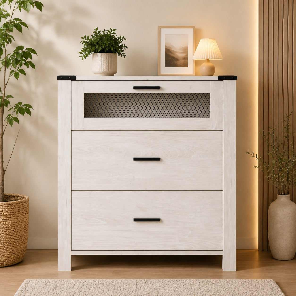 Dresser with 3-Drawer Accent Chests with Mesh Tower for Living Room, Hallway, Entryway, Antique White