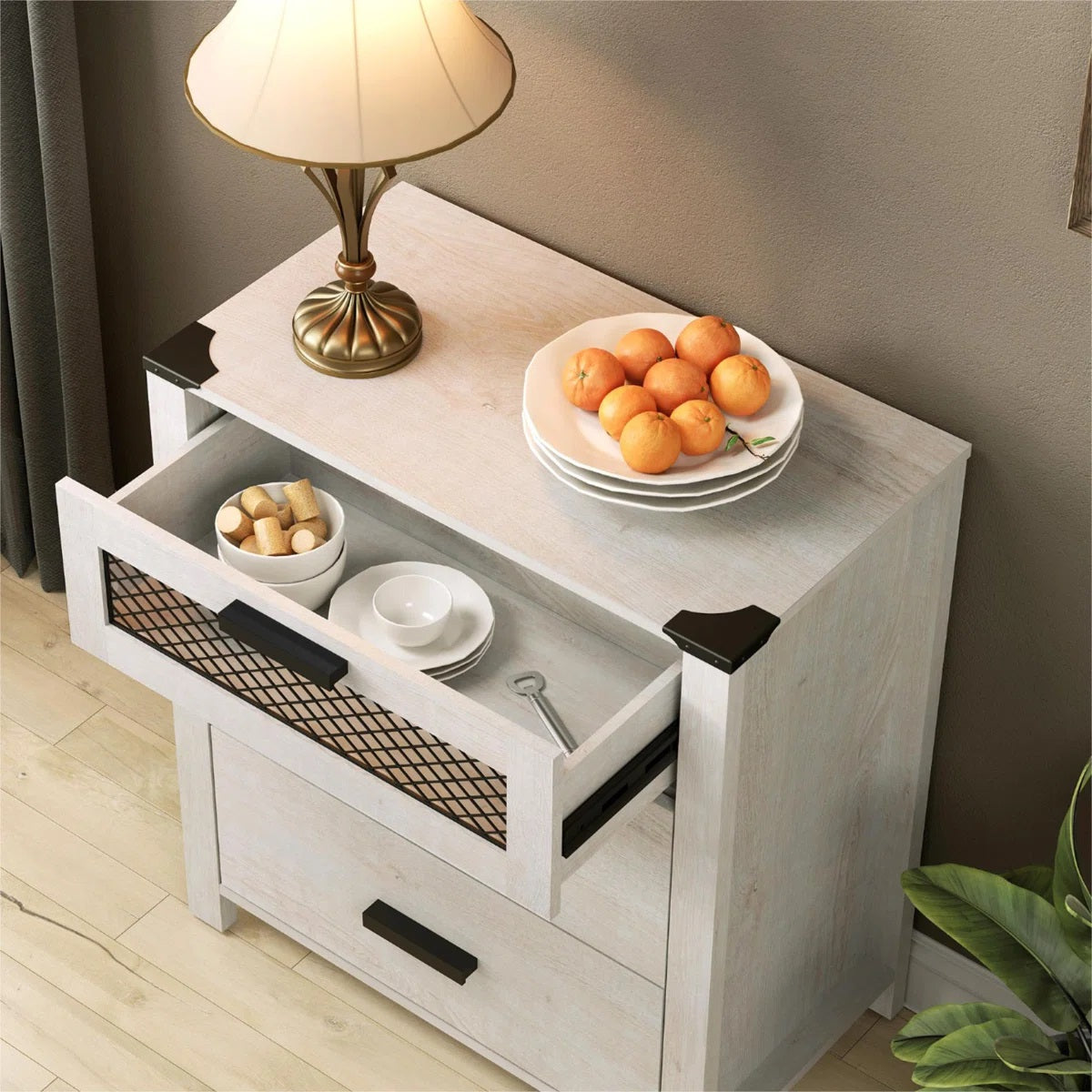 Dresser with 3-Drawer Accent Chests with Mesh Tower for Living Room, Hallway, Entryway, Antique White