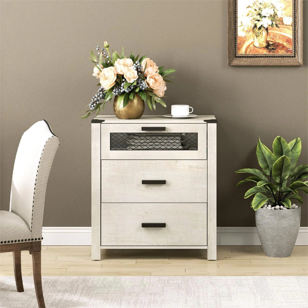 Dresser with 3-Drawer Accent Chests with Mesh Tower for Living Room, Hallway, Entryway, Antique White