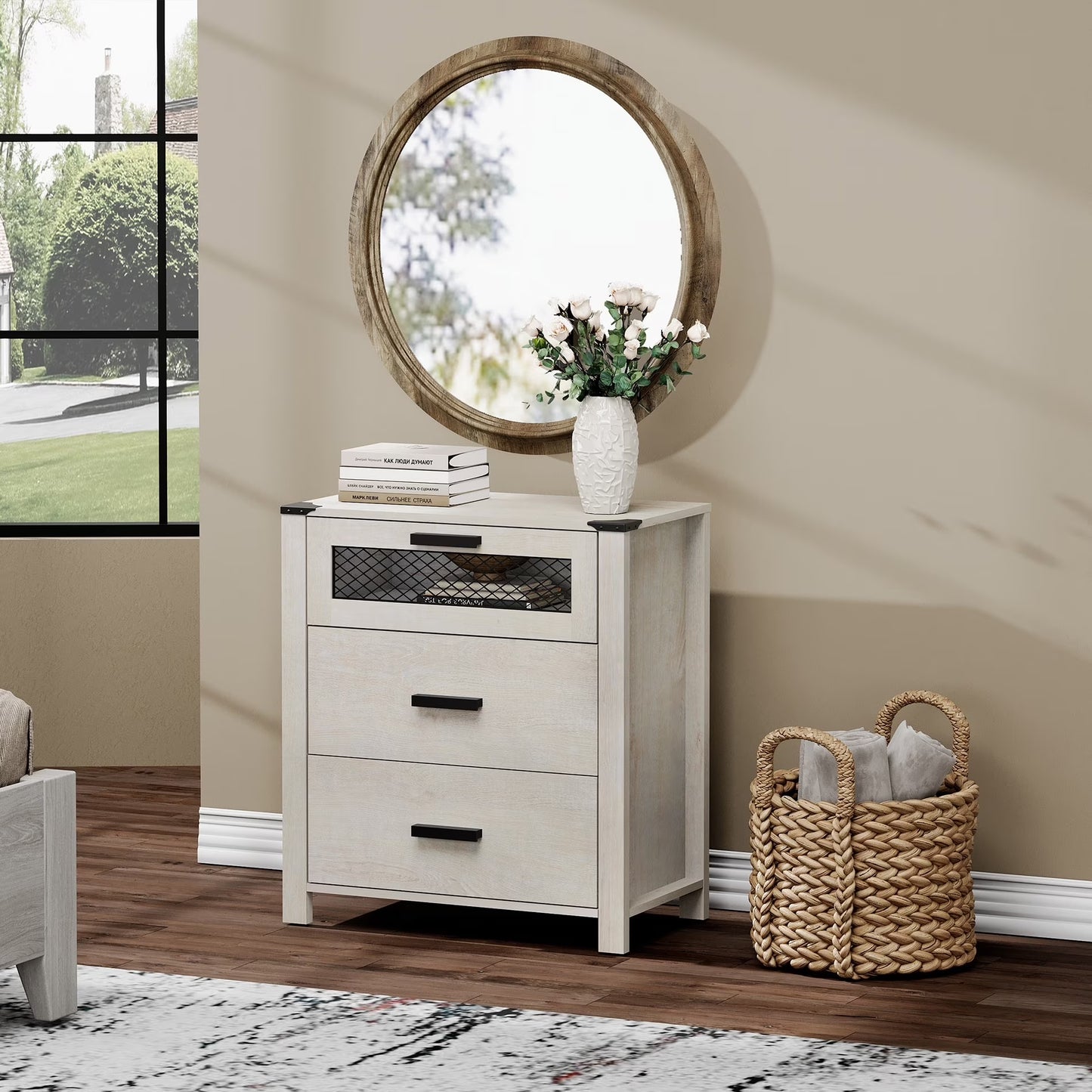 Dresser with 3-Drawer Accent Chests with Mesh Tower for Living Room, Hallway, Entryway, Antique White