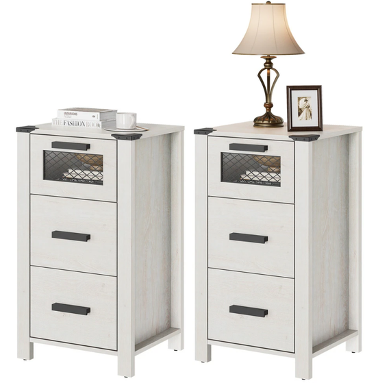 Industrial Side Table Set of 2, 3 Drawers, Modern Storage End Tables,Bedroom Living Room Nightstand