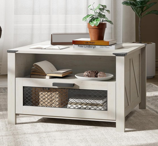 Industrial Coffee Table with 1 Drawer and 1 Shelf, Modern Living Room Table, Farmhouse Coffee table
