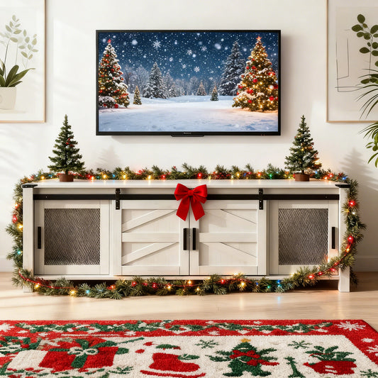 Rustic TV Cabinet for Living Room, Farmhouse TV Stand, 70" Wood Sliding Barn Door Media Console Table