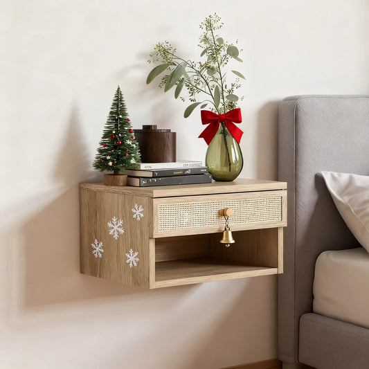 Oak Floating Bedside Table with Drawer, Wall Mount Nightstand, 15.7" Wide Modern Bedside Organizer