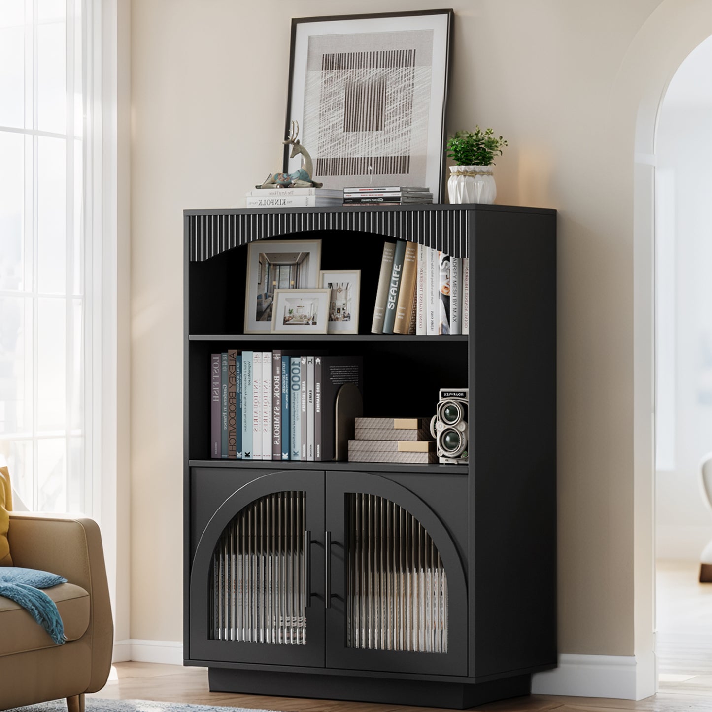SOLACE FURNITURE 46" Bookshelf with Doors, Black Bookcase with Glass Door, 3 Tier Small Bookshelf
