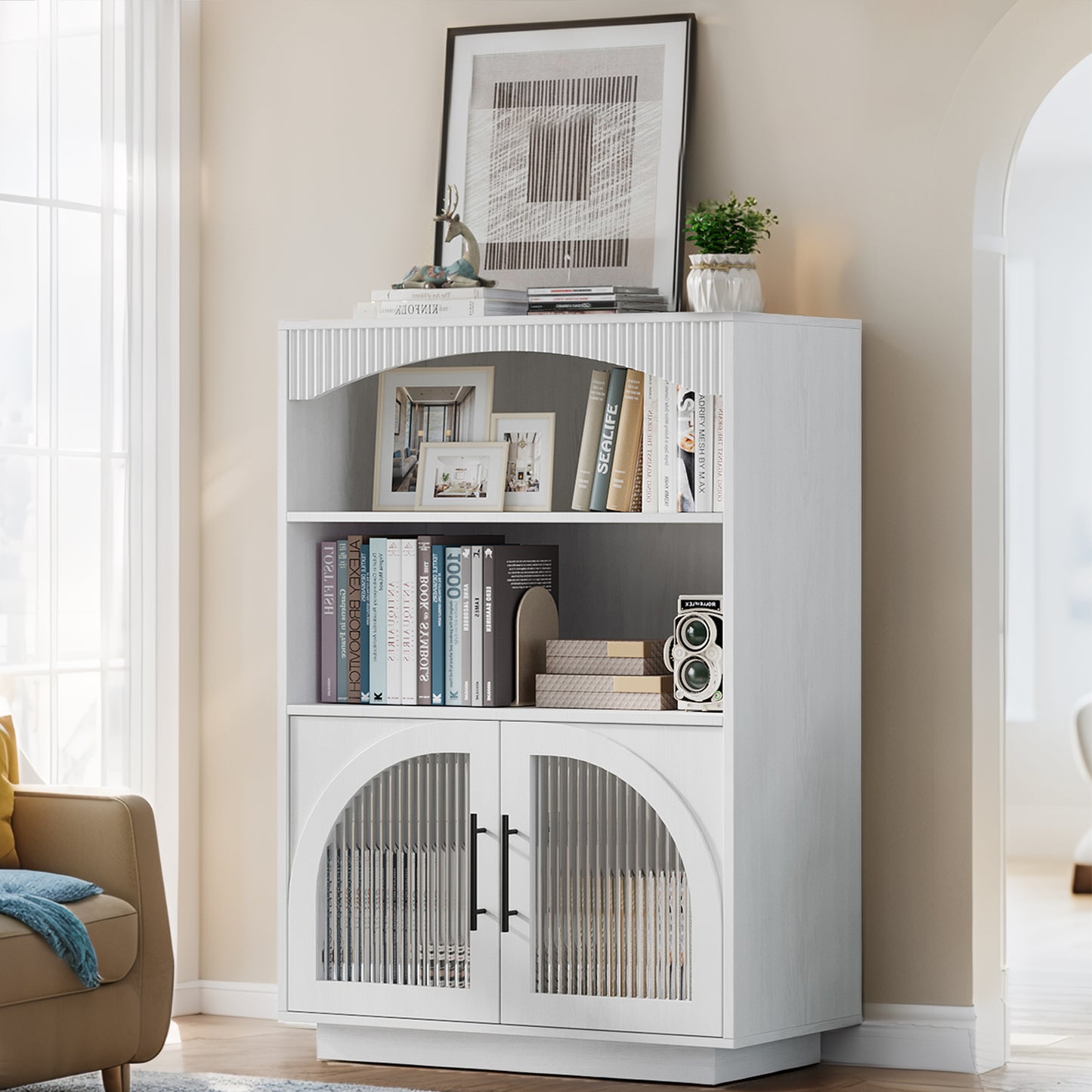 SOLACE FURNITURE 46" Bookshelf with Doors, Black Bookcase with Glass Door, 3 Tier Small Bookshelf