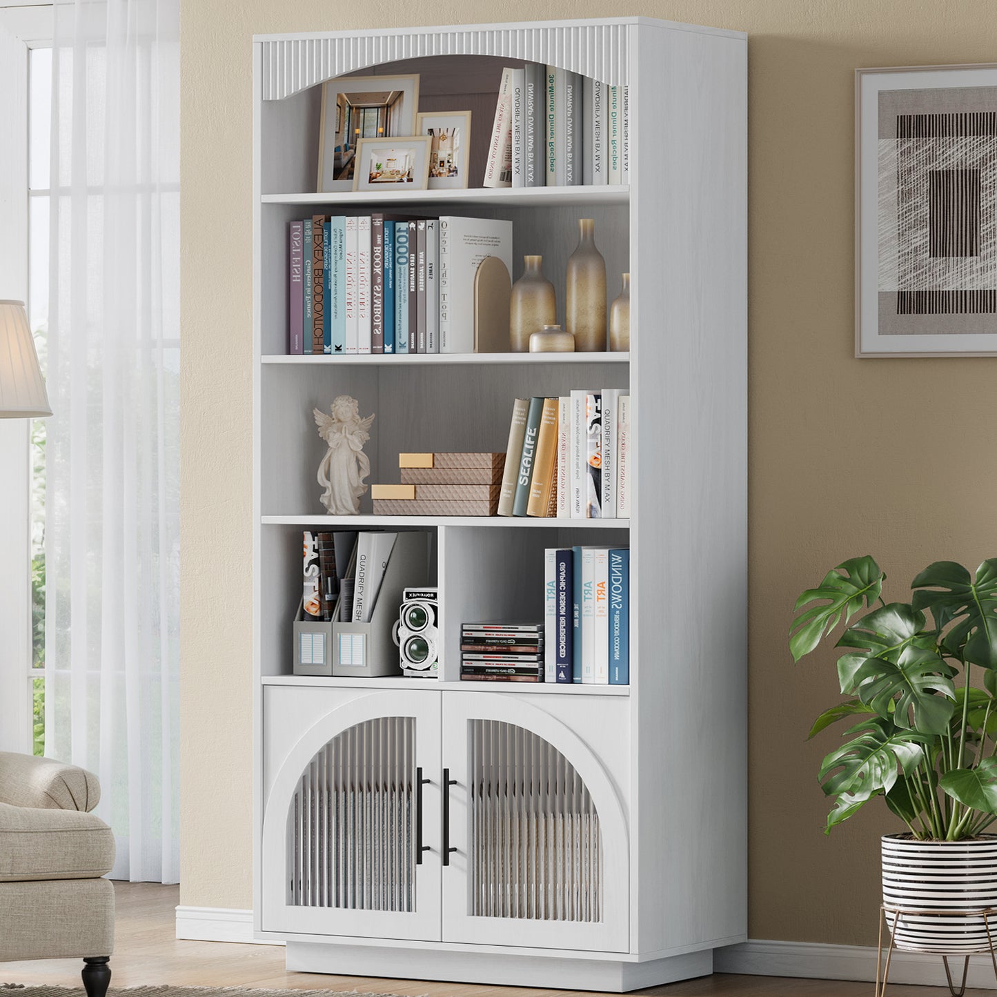 SOLACE FURNITURE 70" Tall Bookshelf, Bookcase with Doors, 5 Tier Bookshelf with Cabinet & Adjustable Shelves